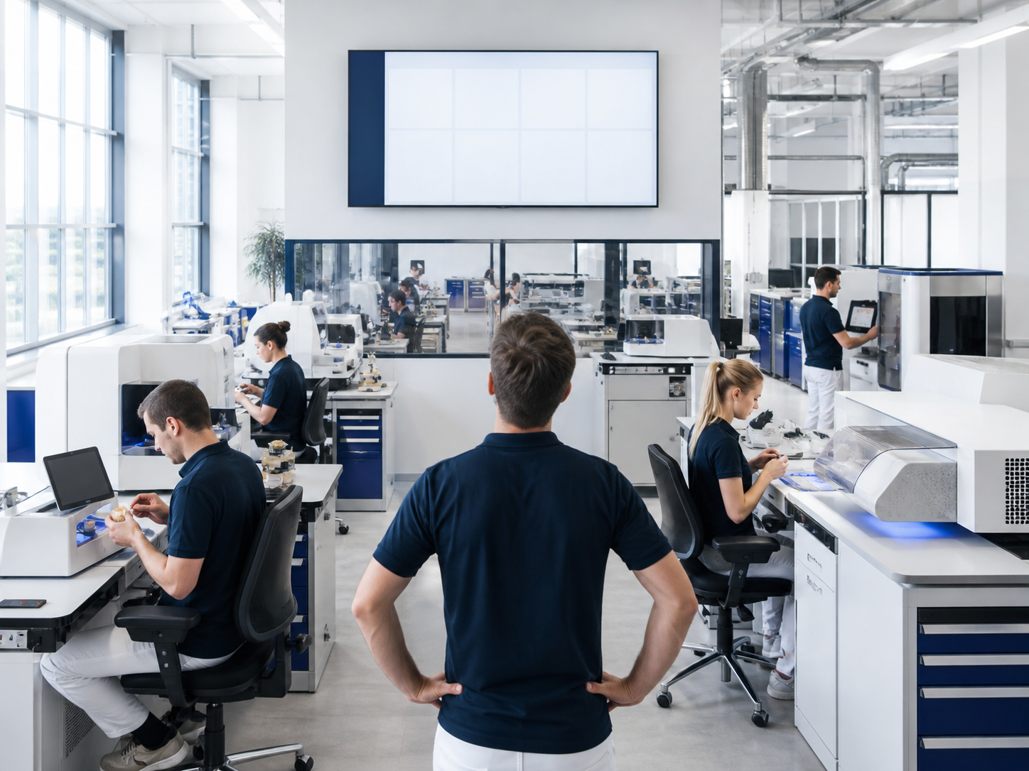 Große Produktionshalle eines Dentallabors mit moderner Fertigung