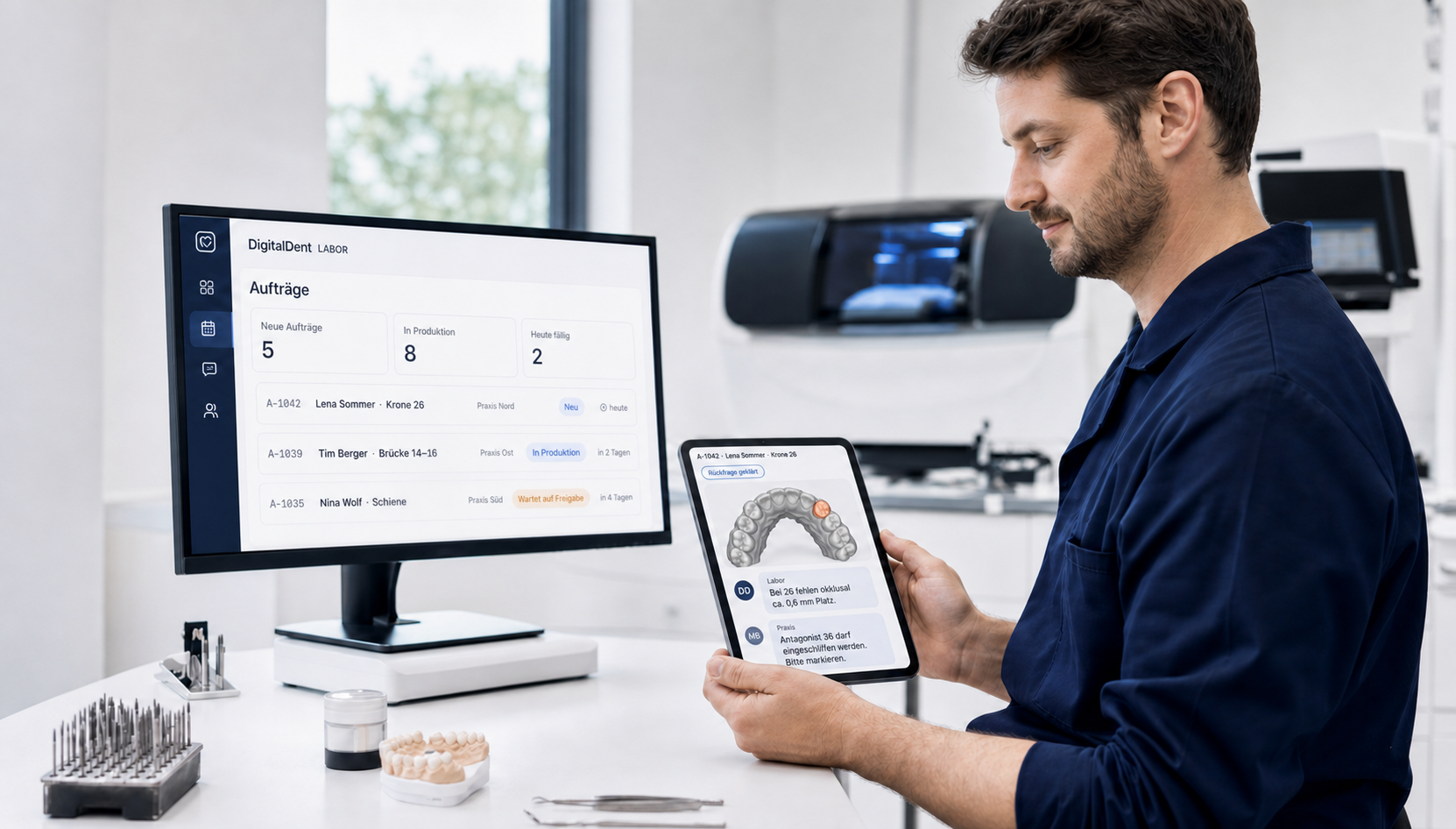 Zahntechniker betrachtet auf einem Tablet eine auftragsbezogene Rückfrage mit markiertem 3D-Zahnscan; auf dem Monitor ist die DigitalDent-Auftragsübersicht geöffnet