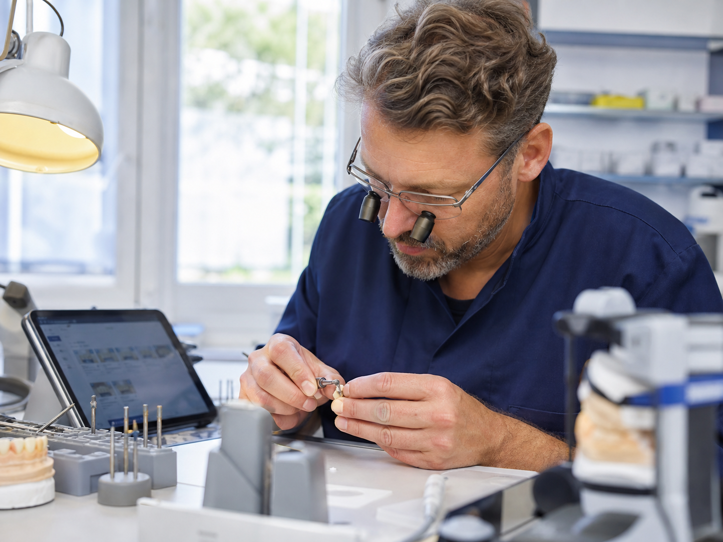Zahntechniker arbeitet in einem kleinen Labor am Arbeitsplatz
